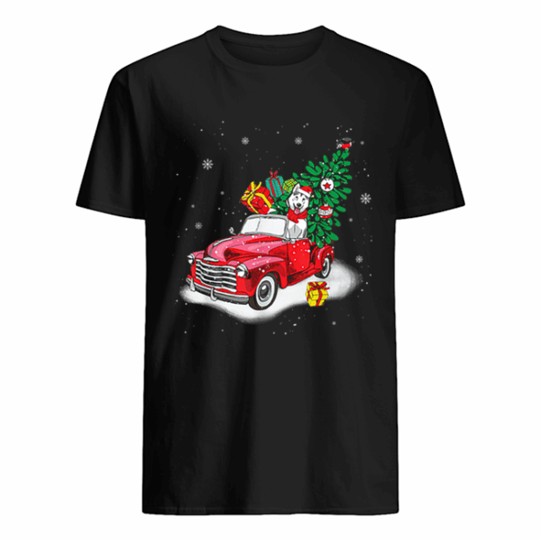 Husky Rides Red Truck Christmas Tree Xmas Gifts shirt
